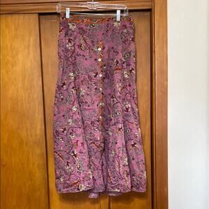Aller Simplement Pink Orange Floral Midi Skirt Button Front Elastic Back Waist